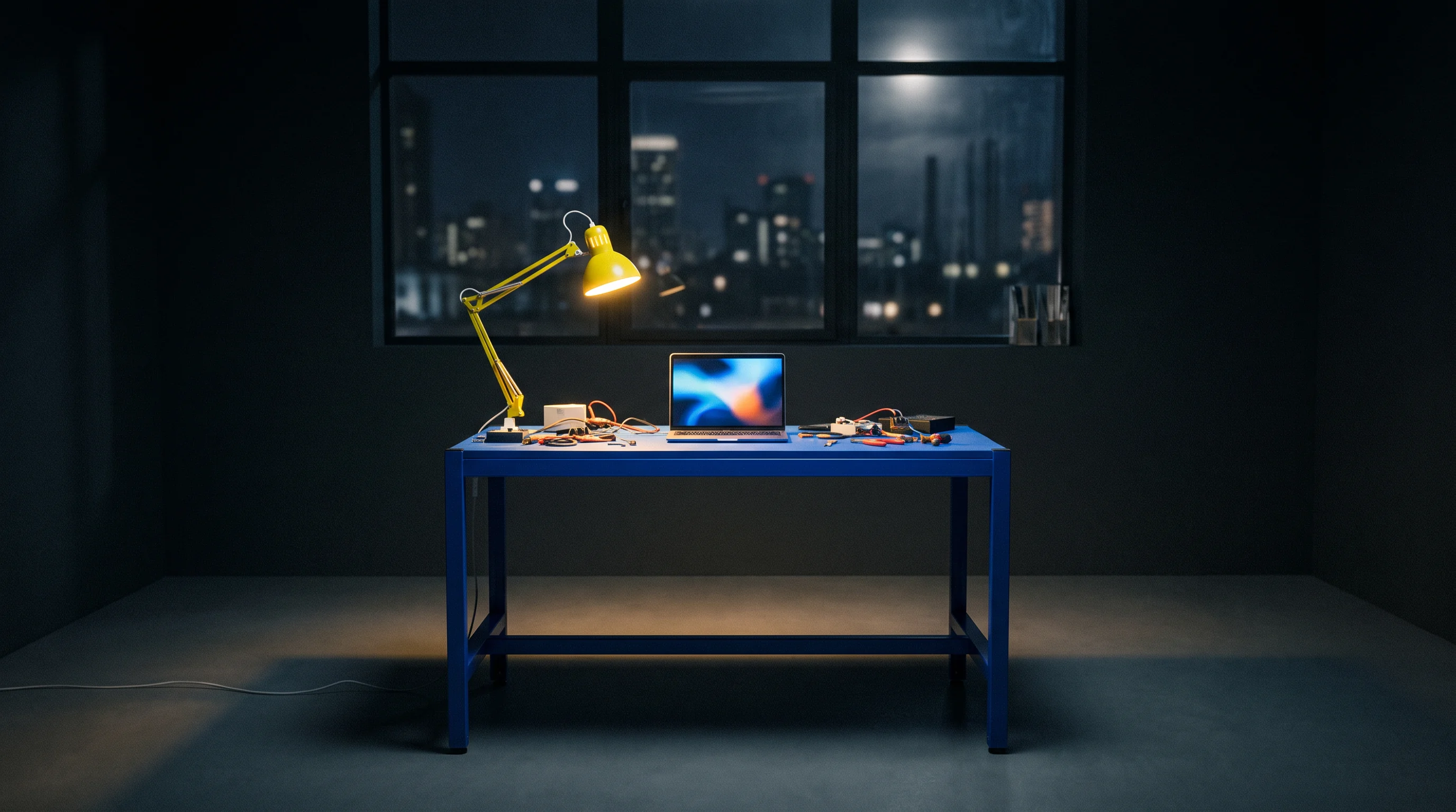 Quiet workbench with a yellow task lamp at night