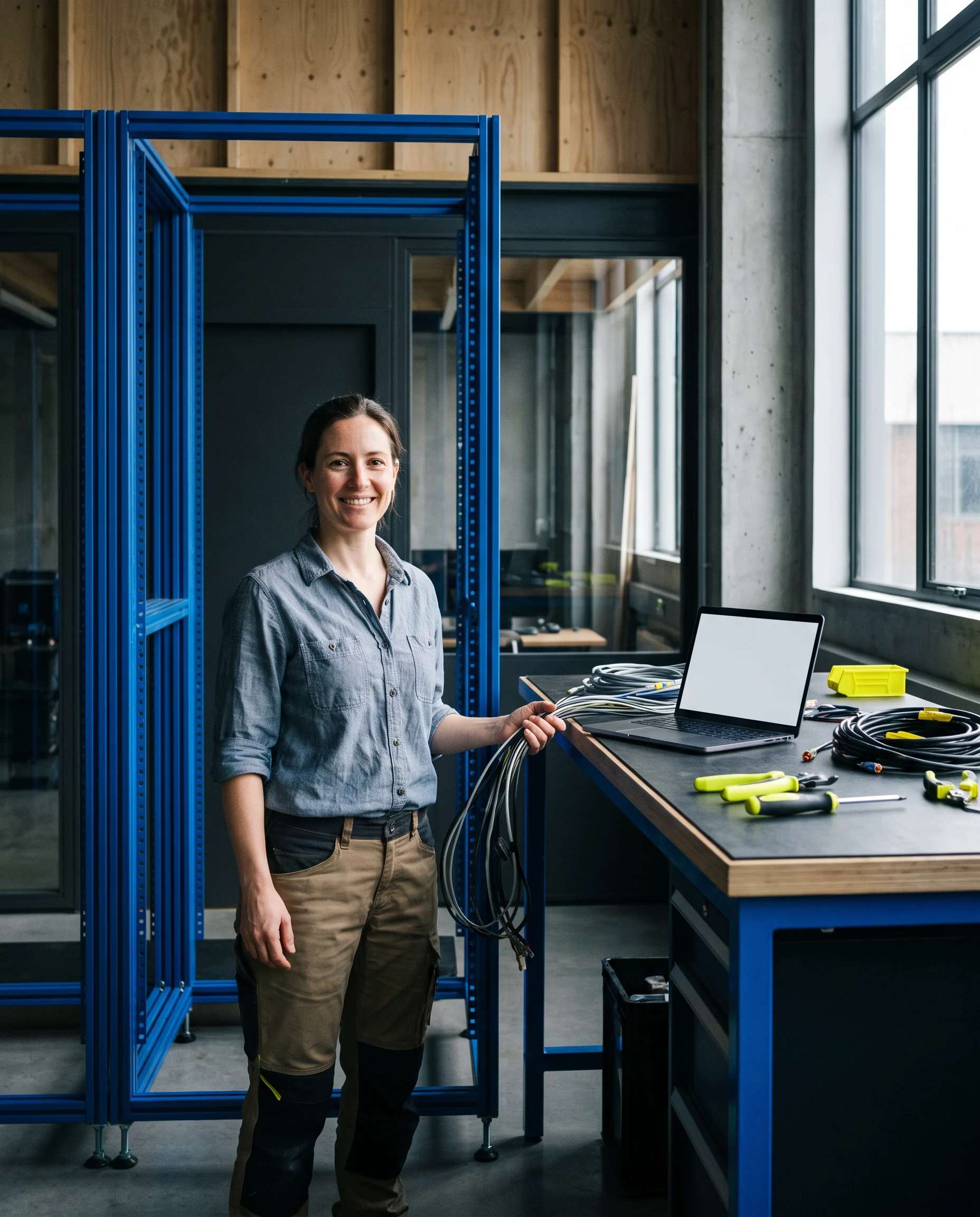 Engineer standing in a blue industrial workspace