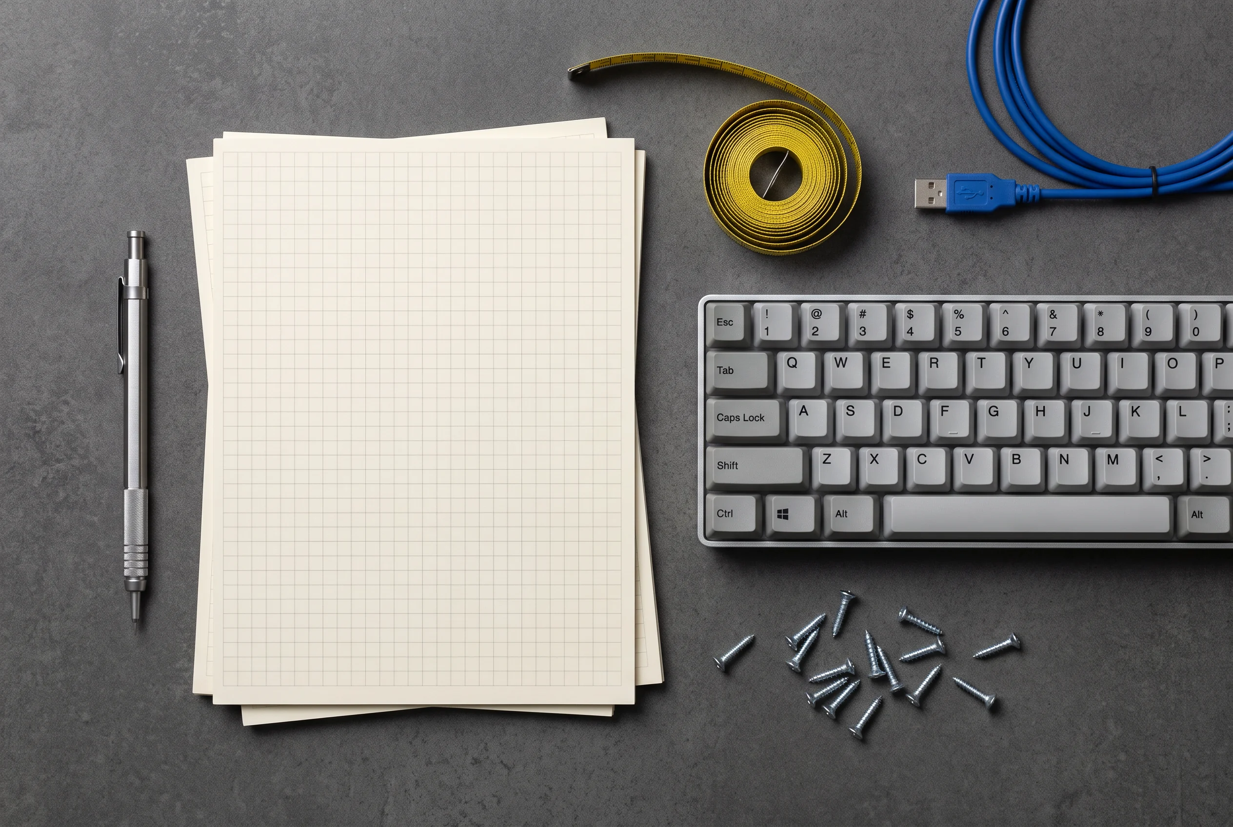 Notebook, keyboard, cable and hardware on a charcoal desk