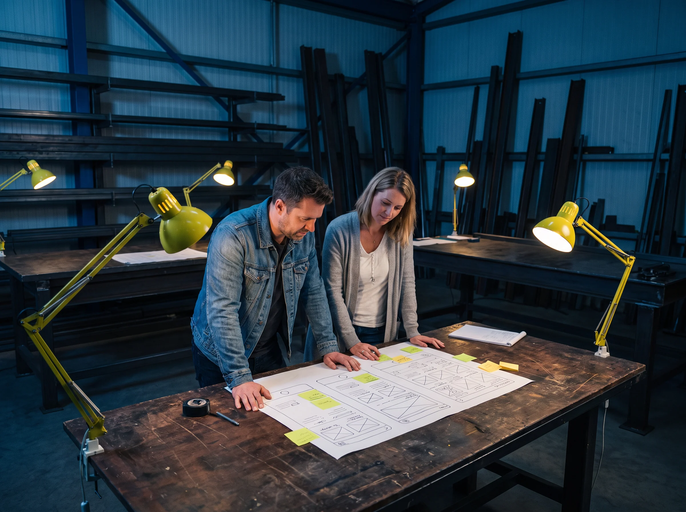 Two engineers reviewing a large blueprint at an industrial workbench