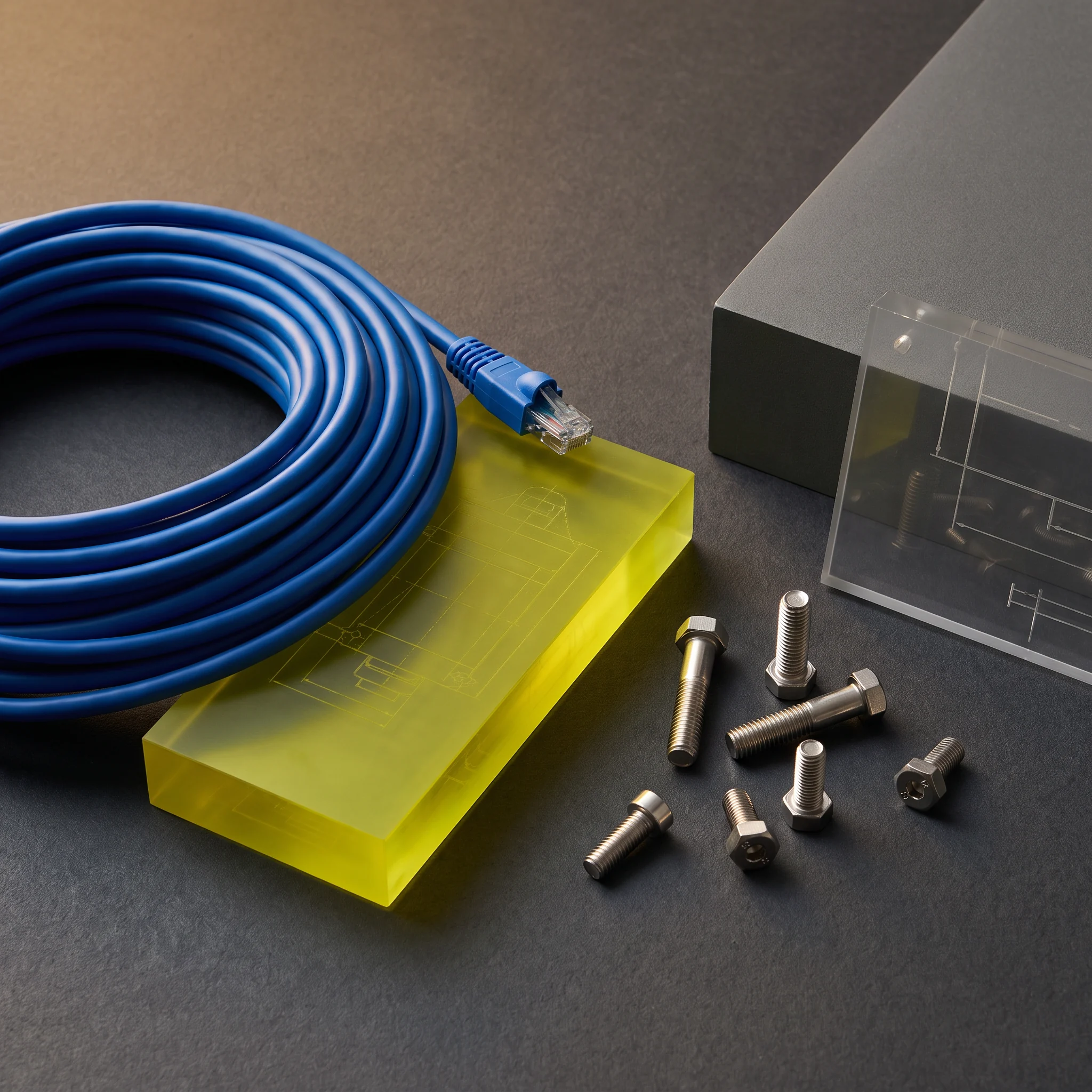 Blue cable, yellow block and metal fasteners