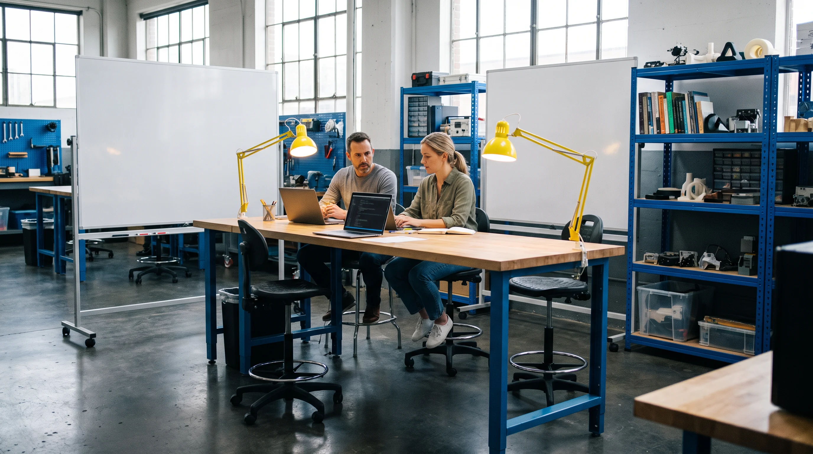 Team seated around a long engineering bench in a workshop