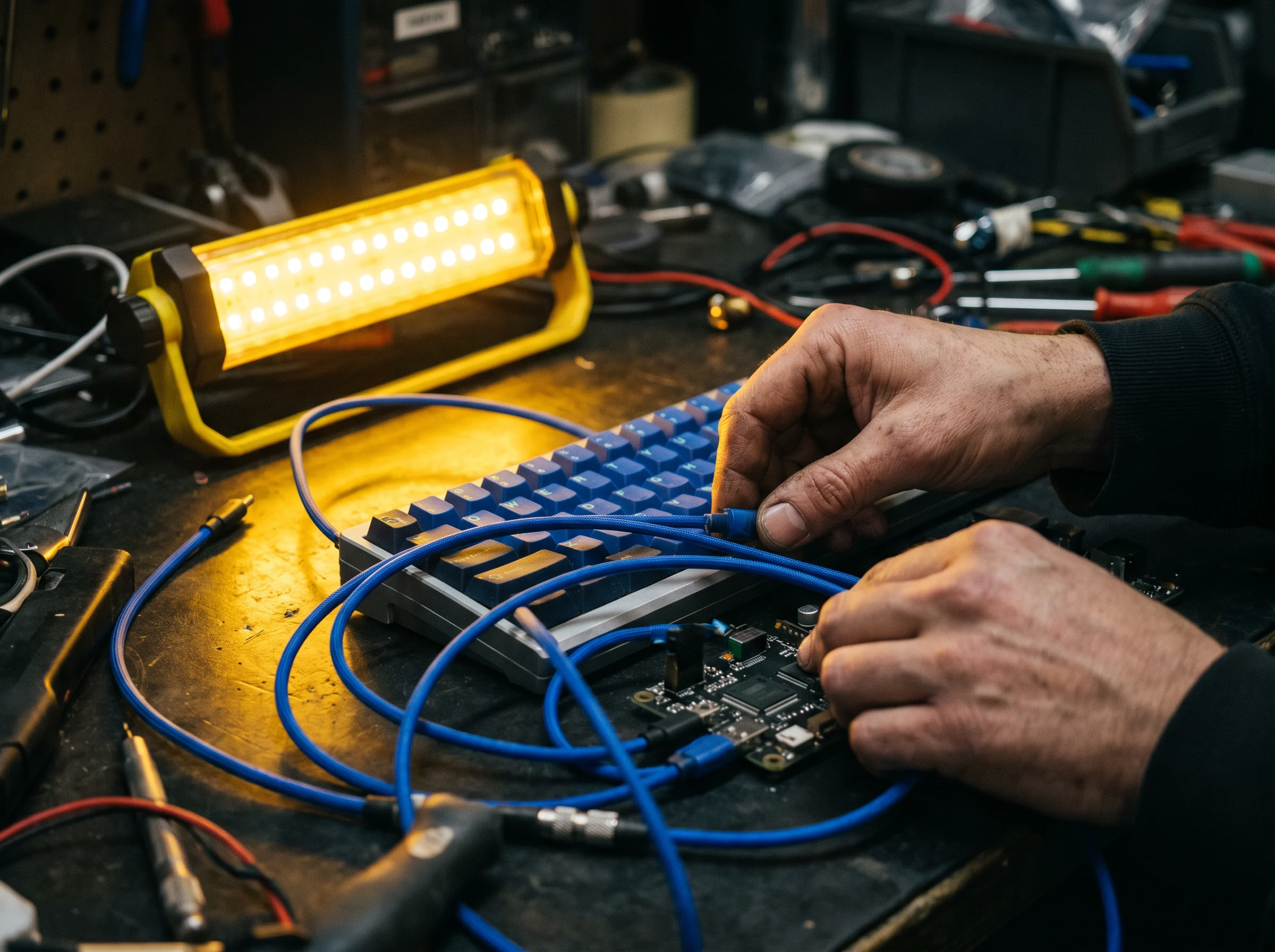 Hands connecting cables and inspecting a small electronic board