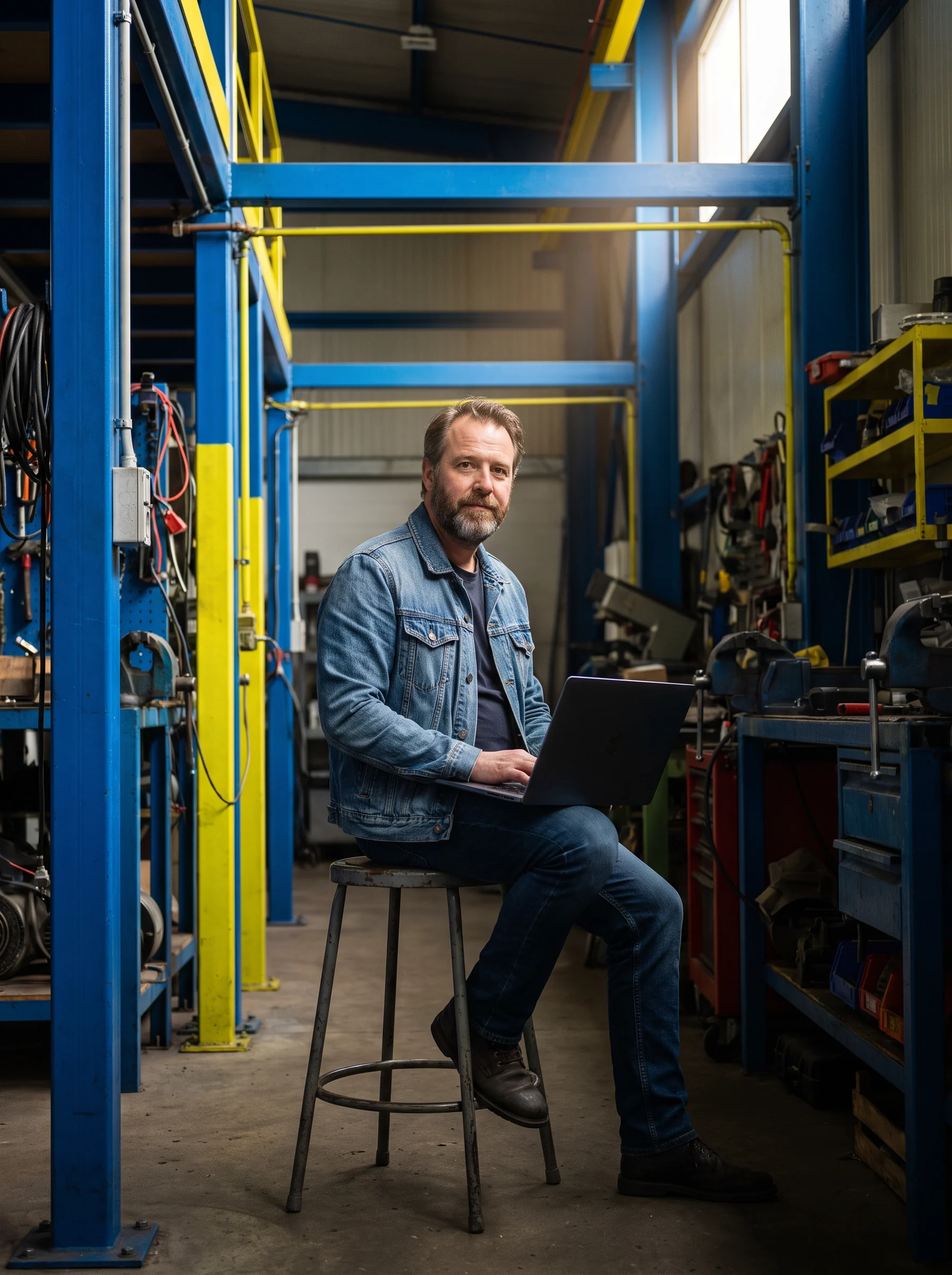Engineer sitting with a laptop in a blue storage-frame workspace