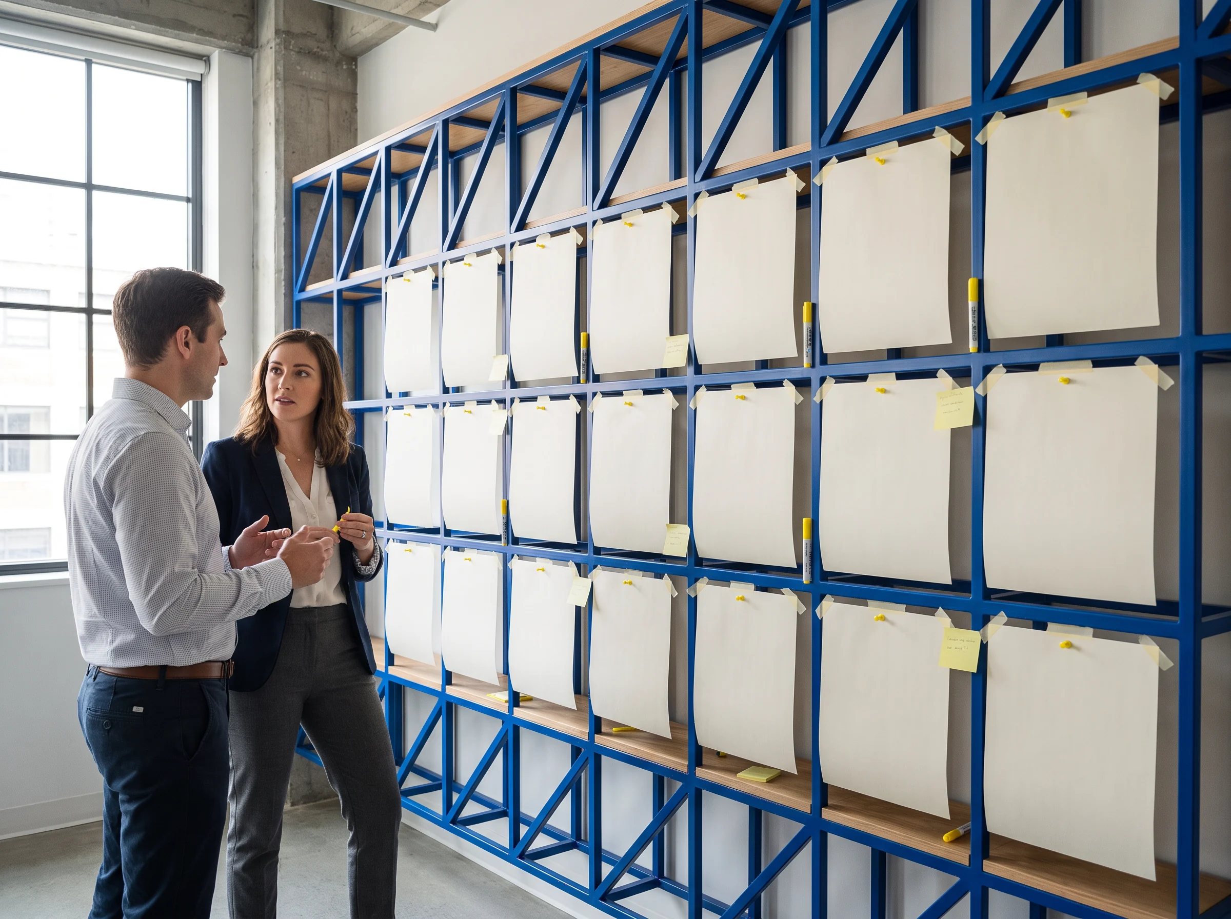 Two people consulting in front of an organized wall of materials